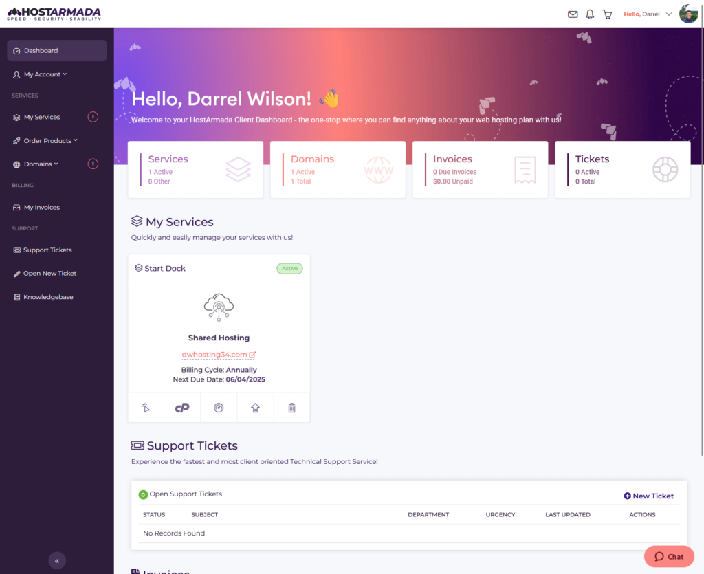 hostarmada client area dashboard