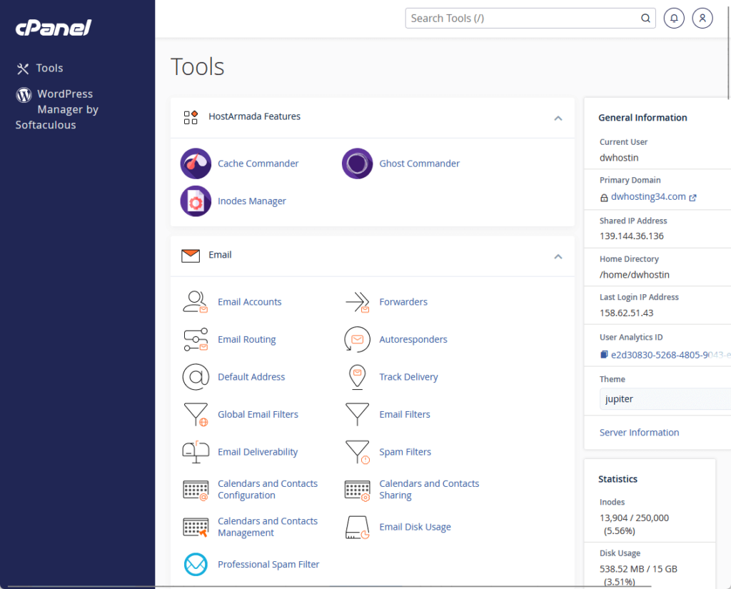 hostarmada features in the cpanel