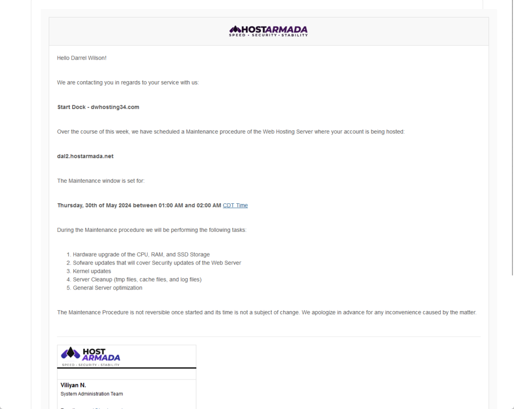 hostarmada maintenance notification