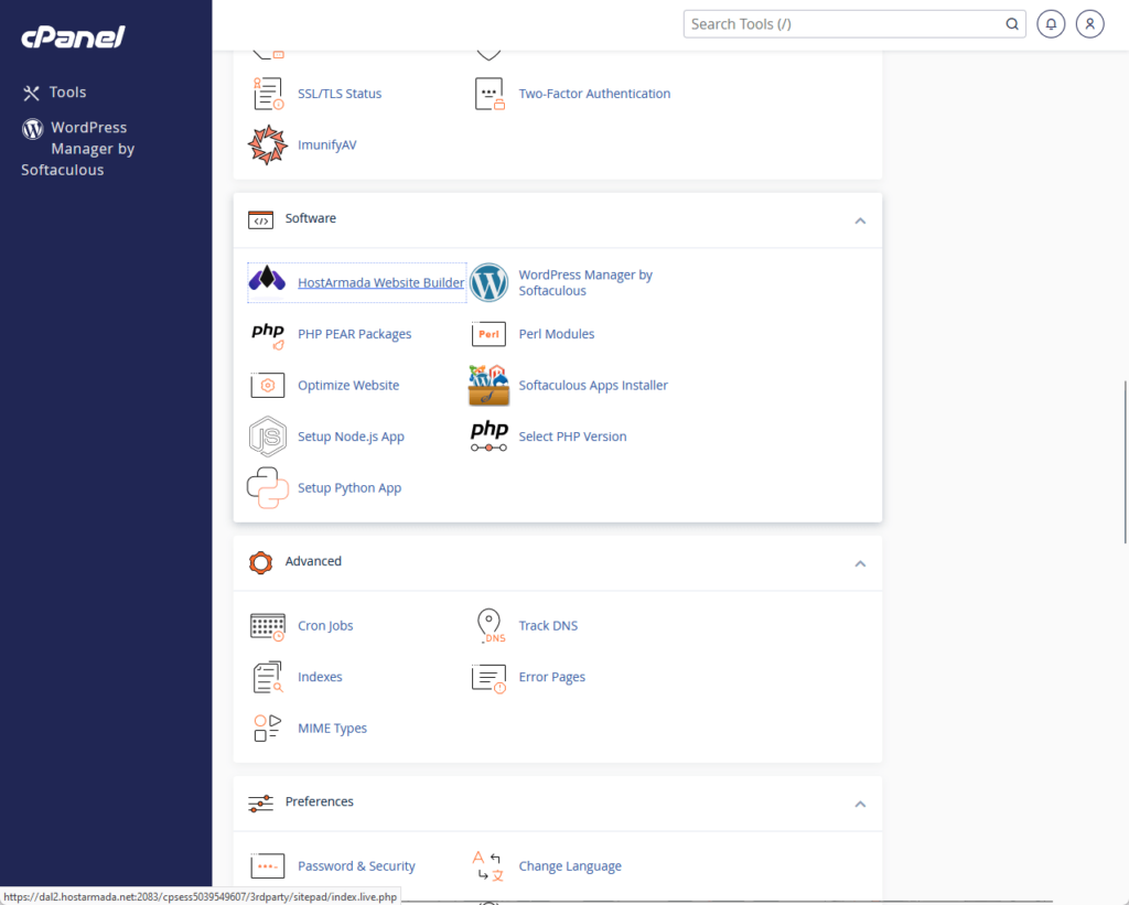 hostarmada website builder option in cpanel