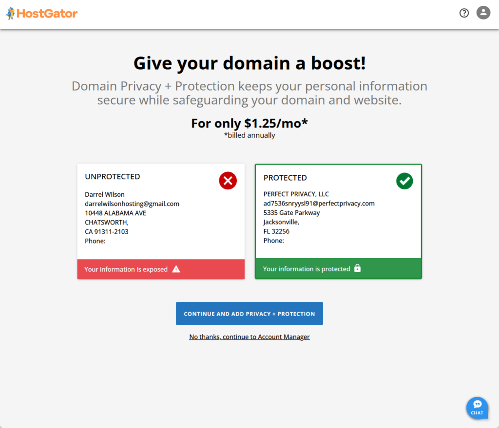 hostgator domain privacy advertisement