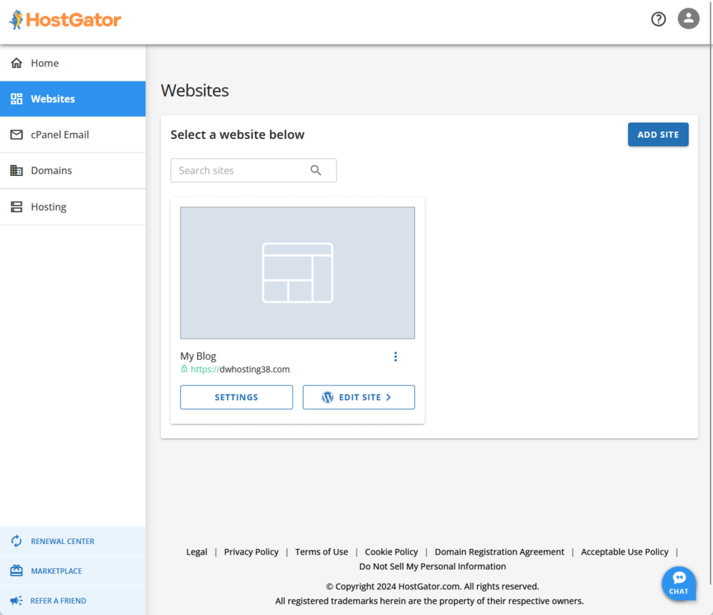 hostgator site selection page