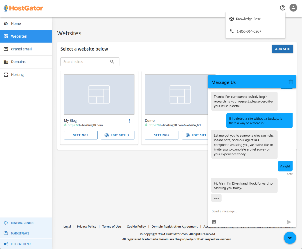 hostgator support options