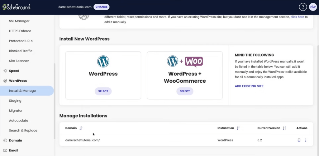 manage installations in siteground