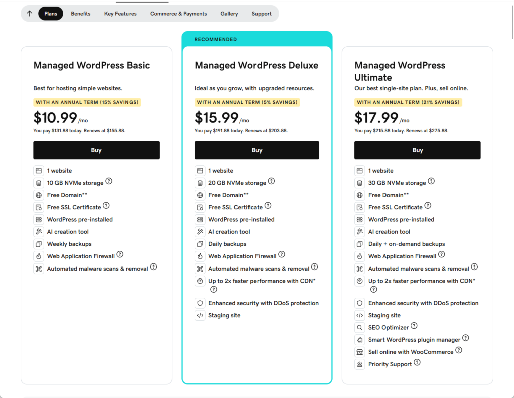 managed hosting plans from godaddy