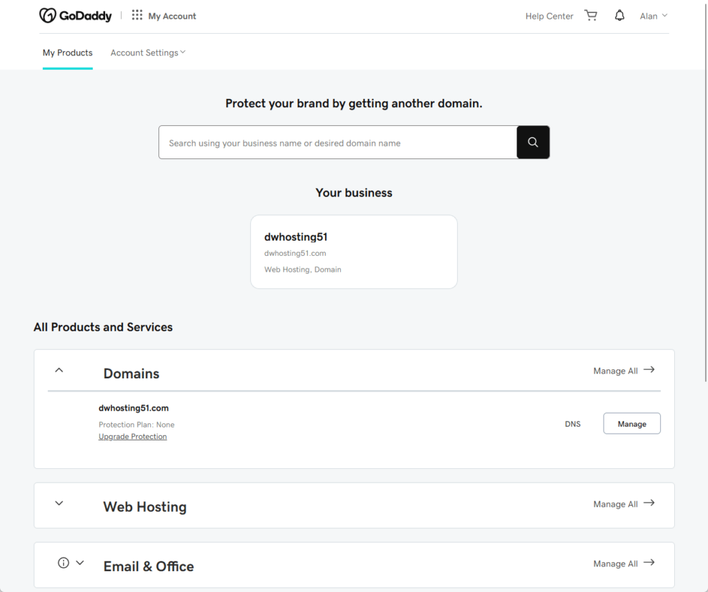 my products godaddy client area