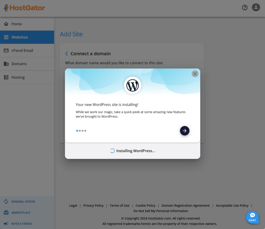 new site is installing in hostgator