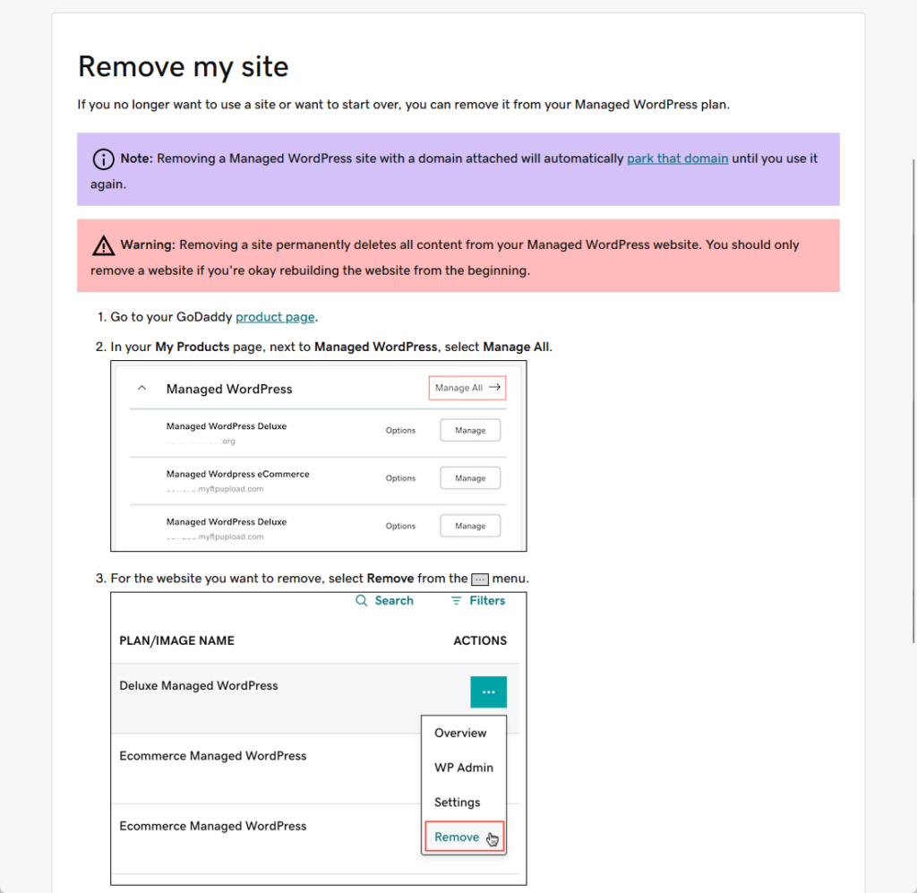 remove my site article from godaddy