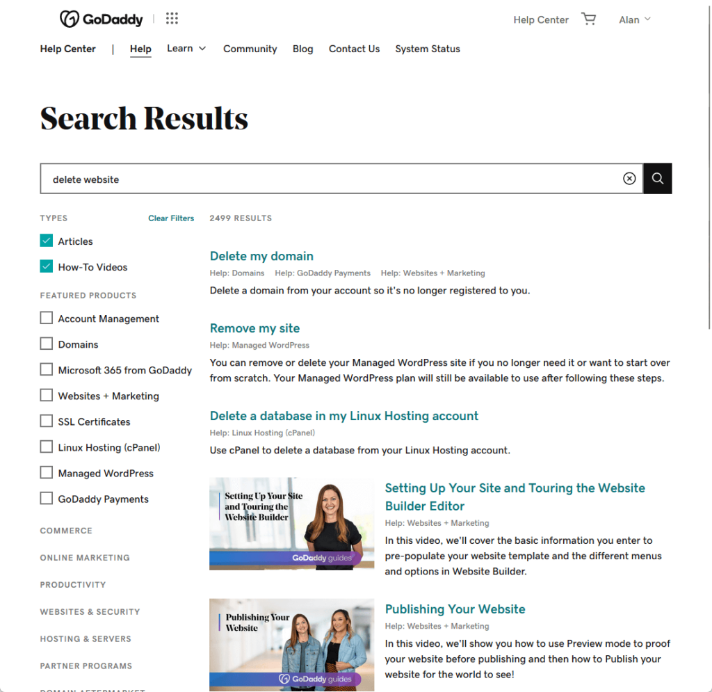 search results in godaddy knowledge base