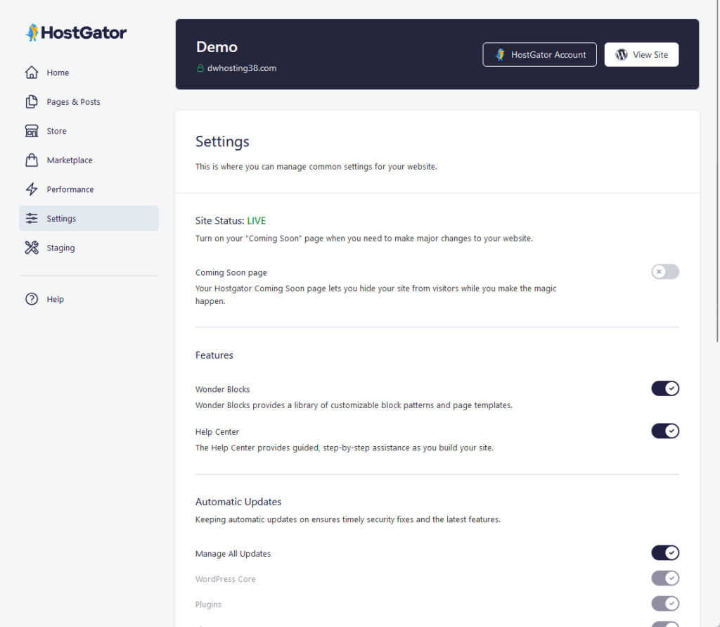 settings page in the hostgator plugin