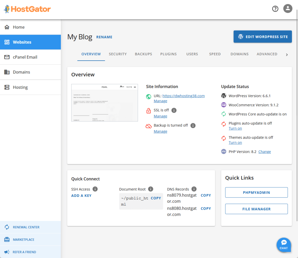 site overview in hostgator