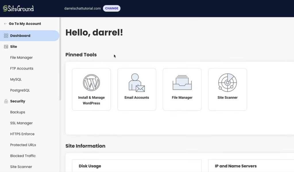 siteground dashboard in client area