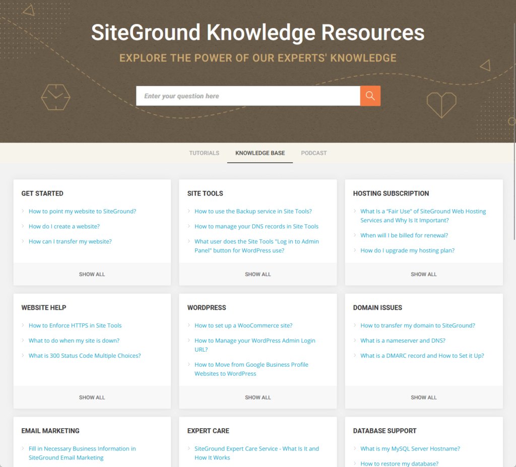 siteground knowledge base home page