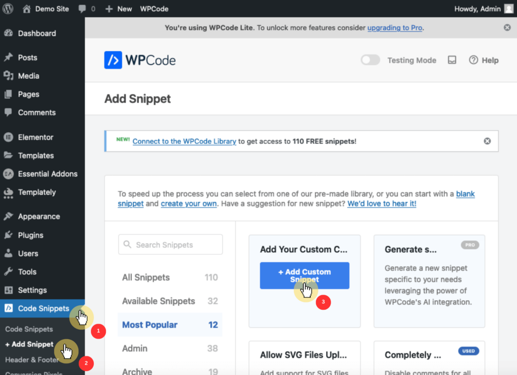 Code Snippets > Add Snippet > Add Your Custom Code