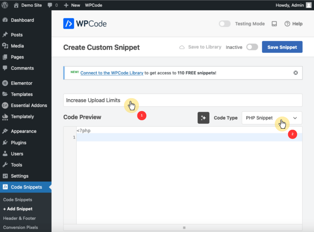 WPCode Create Custom Snippet page