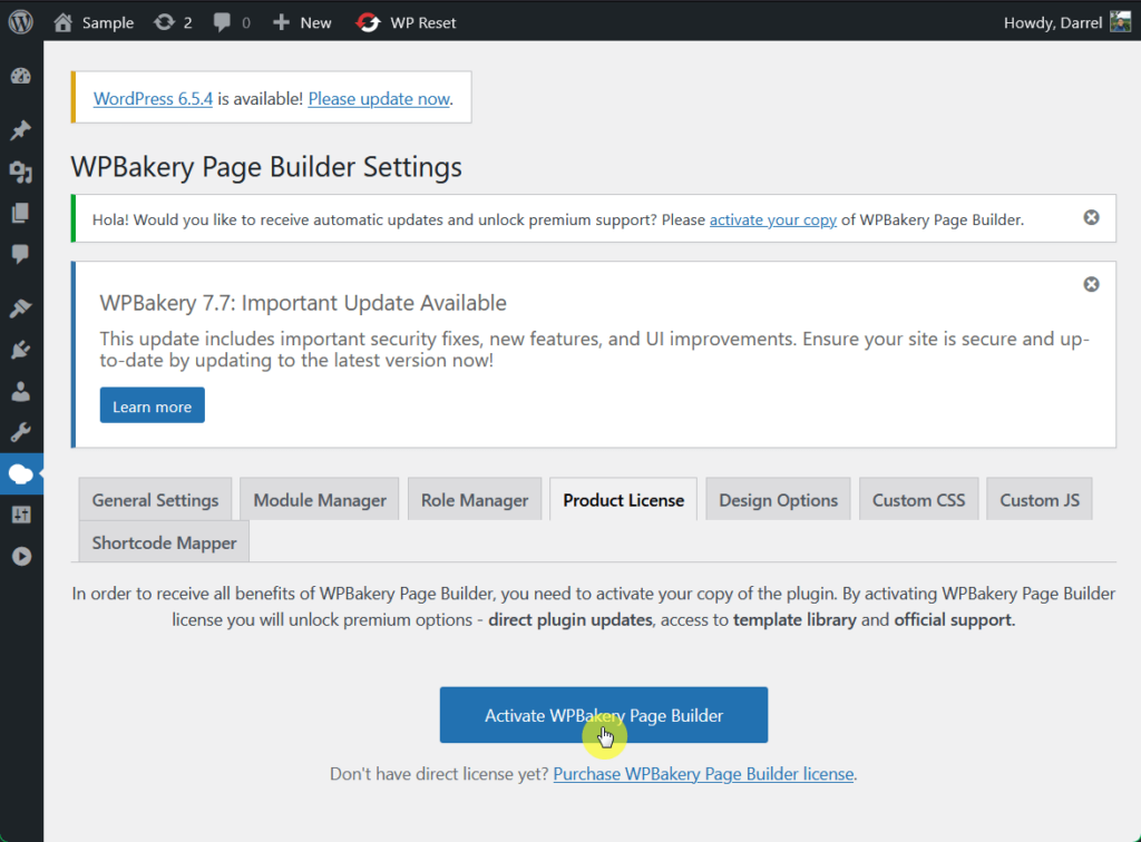 activate-builder for wpbakery
