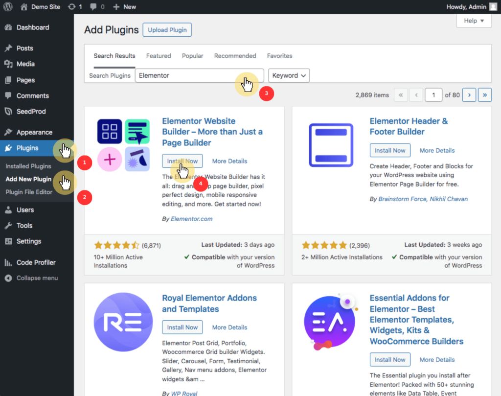 Dashboard > Plugins > Add New Plugin > Elementor