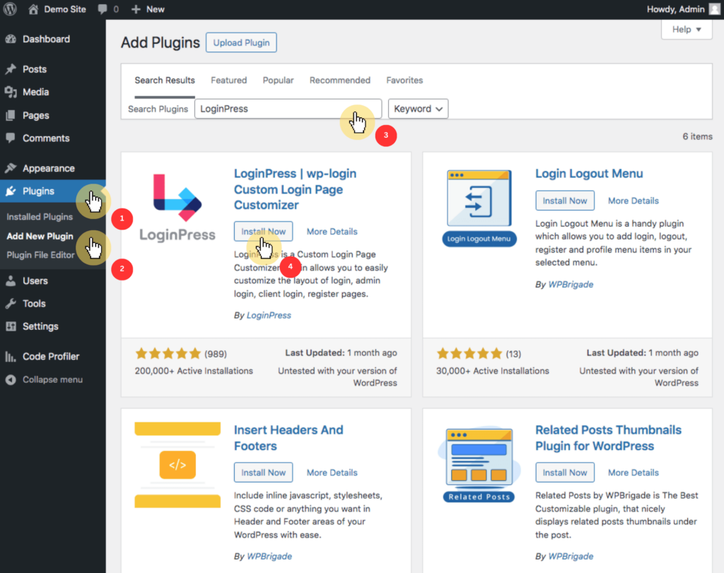 Dashboard > Plugins > Add New Plugin > LoginPress