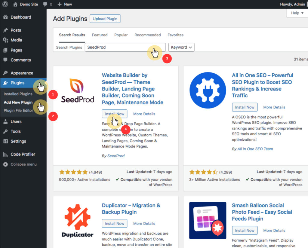 Dashboard > Plugins > Add New Plugin > SeedProd