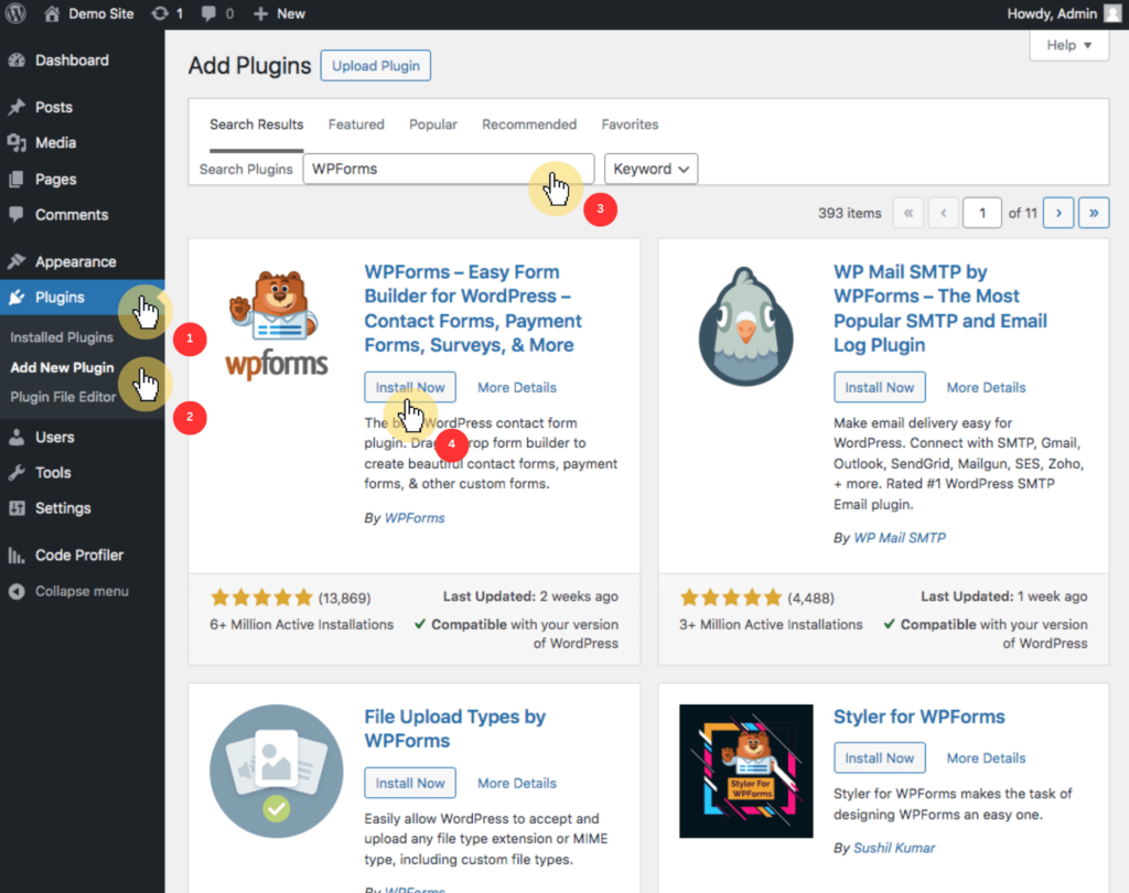Dashboard > Plugins > Add New Plugin > WPForms