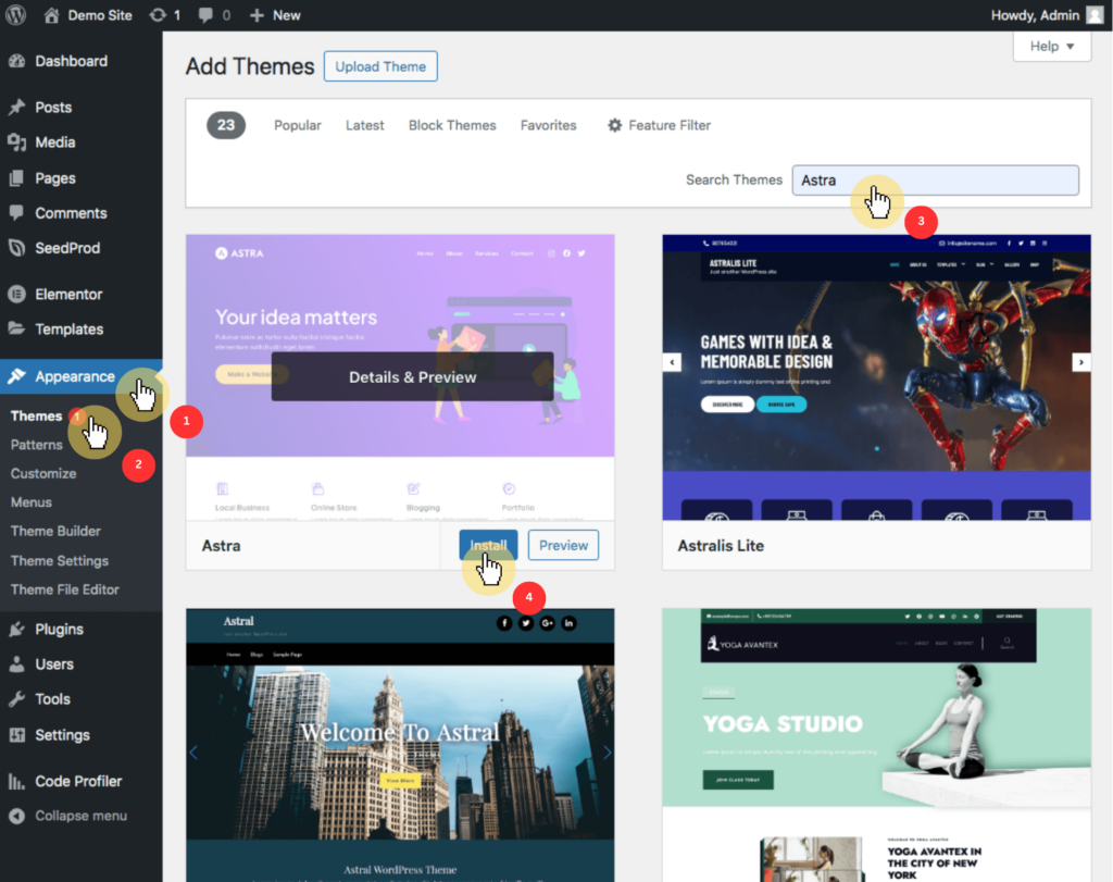 Dashboard > Appearance > Themes > Add New Theme > Astra
