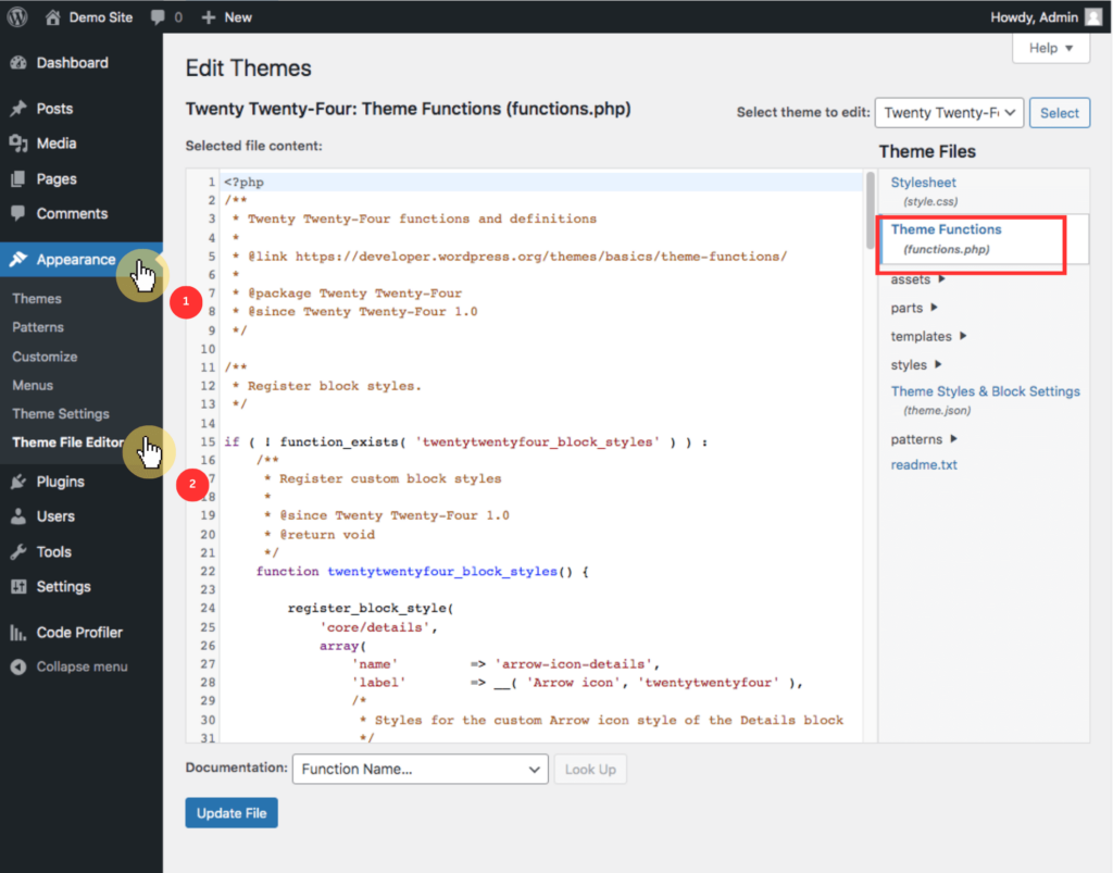 Dashboard > Appearance > Theme File editor > Theme Functions