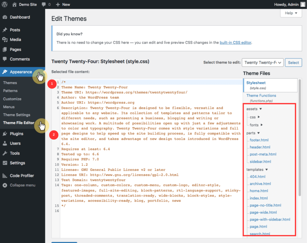 Dashboard > Appearance > Theme File Editor > Template Files
