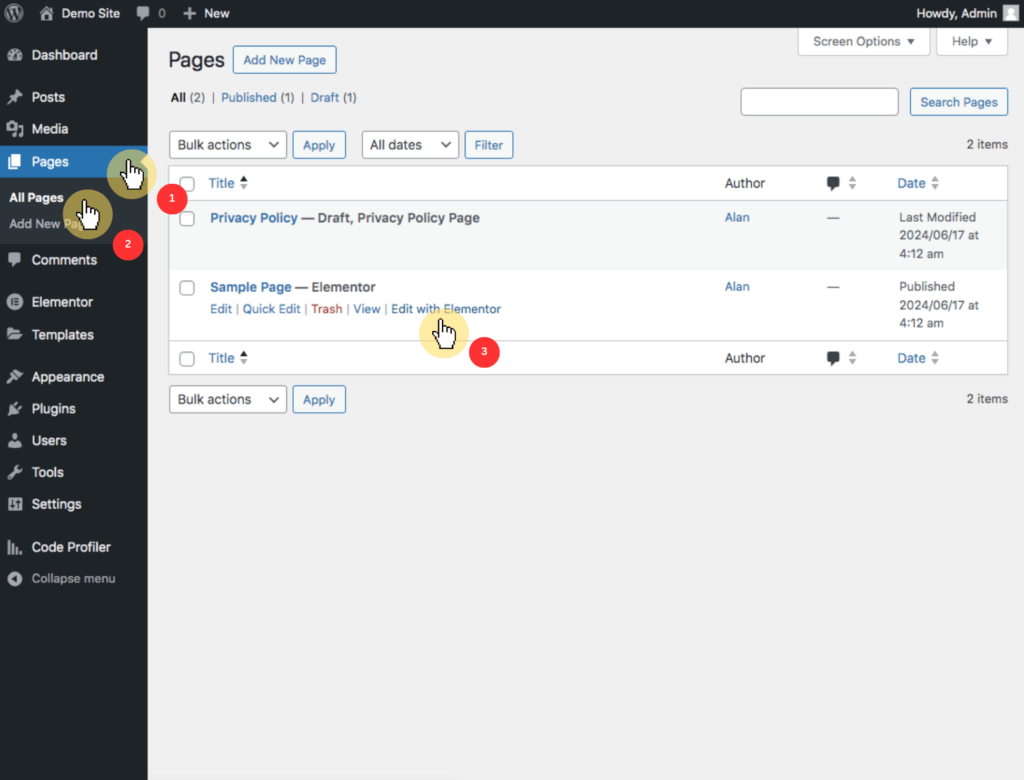 Dashboard > Pages > Edit with Elementor