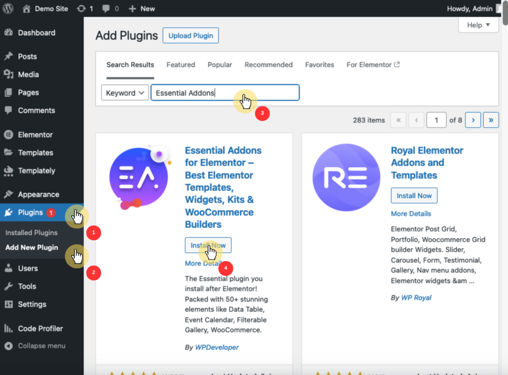 install the free version of essential addons