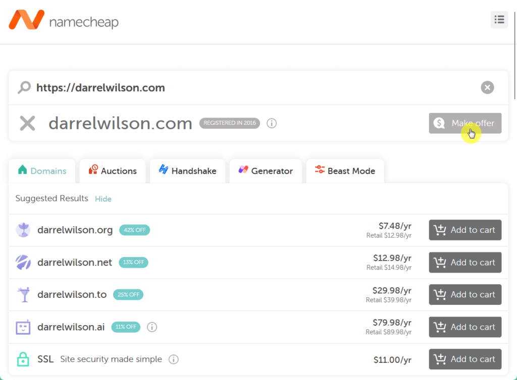 whois lookup results using the namecheap tool