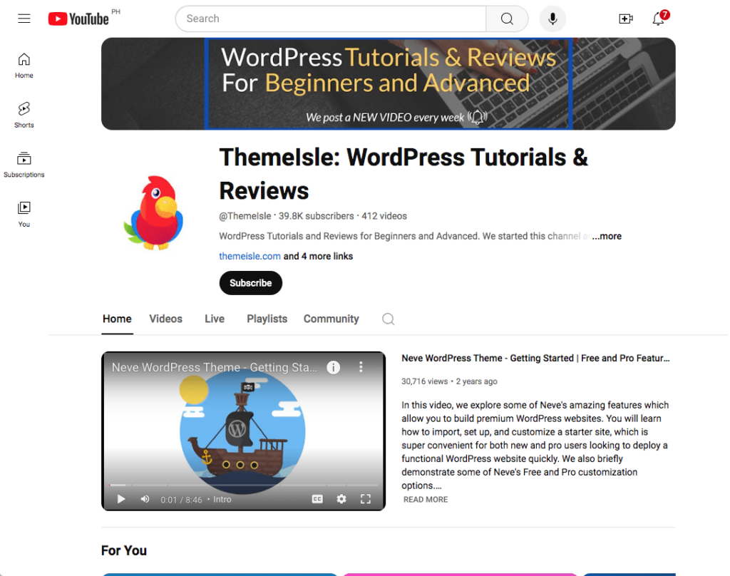 ThemeIsle: WordPress Tutorials & Reviews Youtube Channel Page
