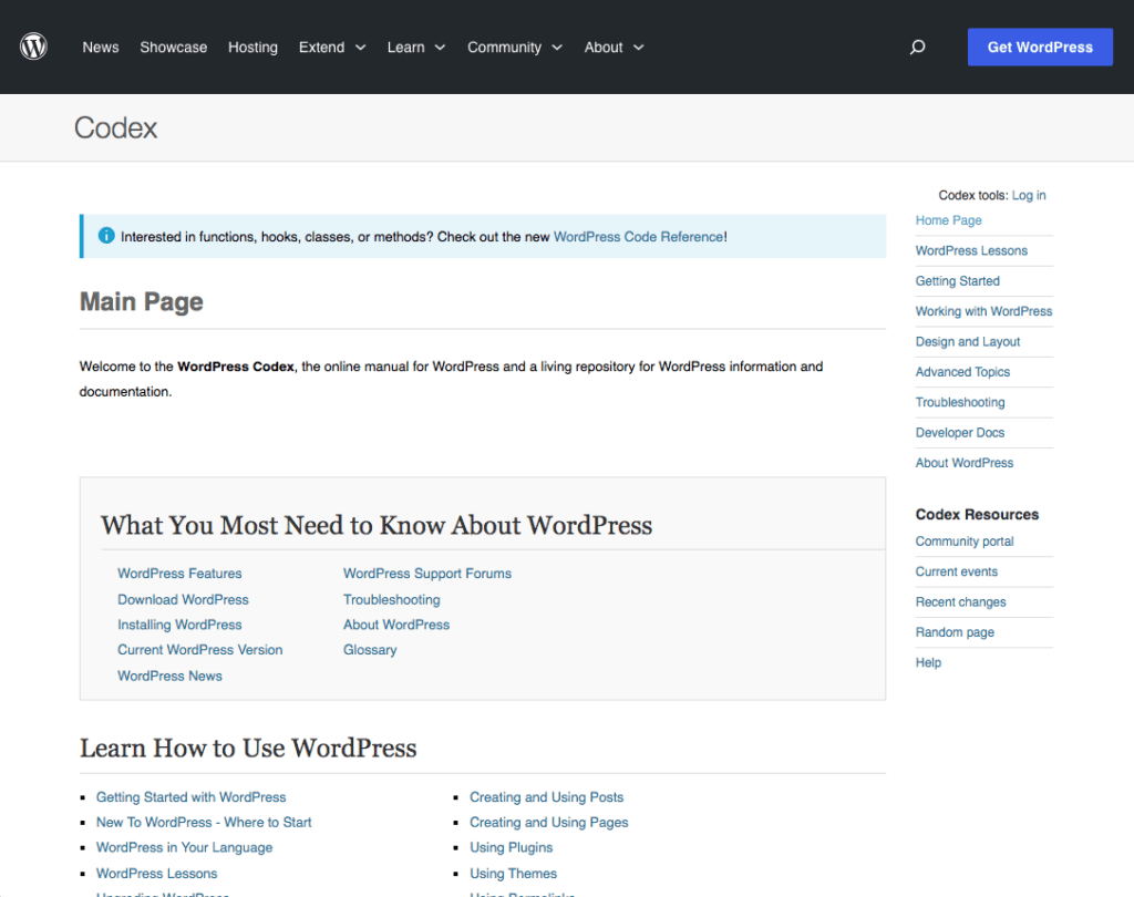 WordPress Codex Main Page