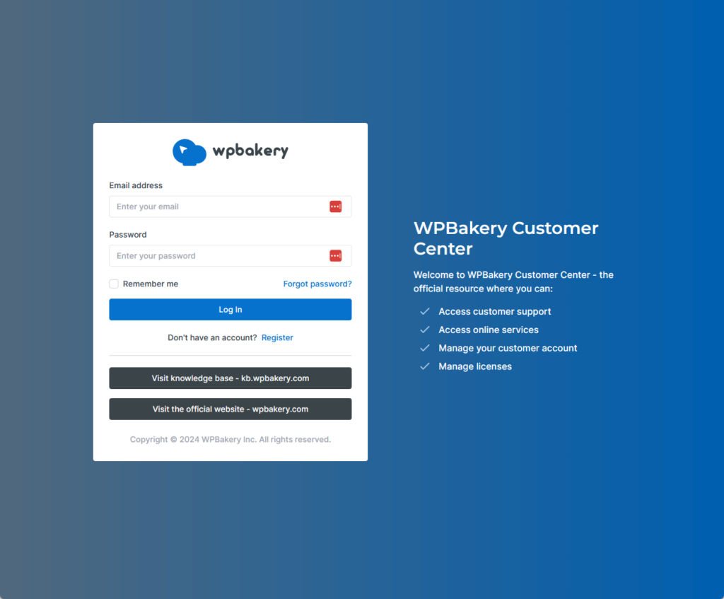 wpbakery customer center login