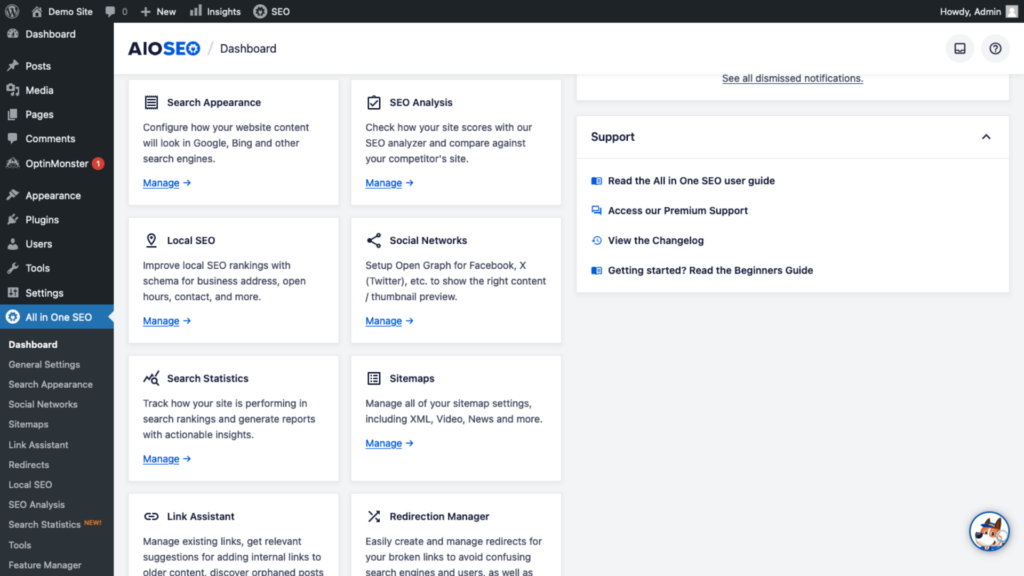 aioseo dashboard quick links
