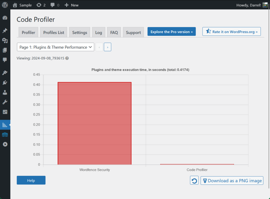 code-profiler results for wordfence