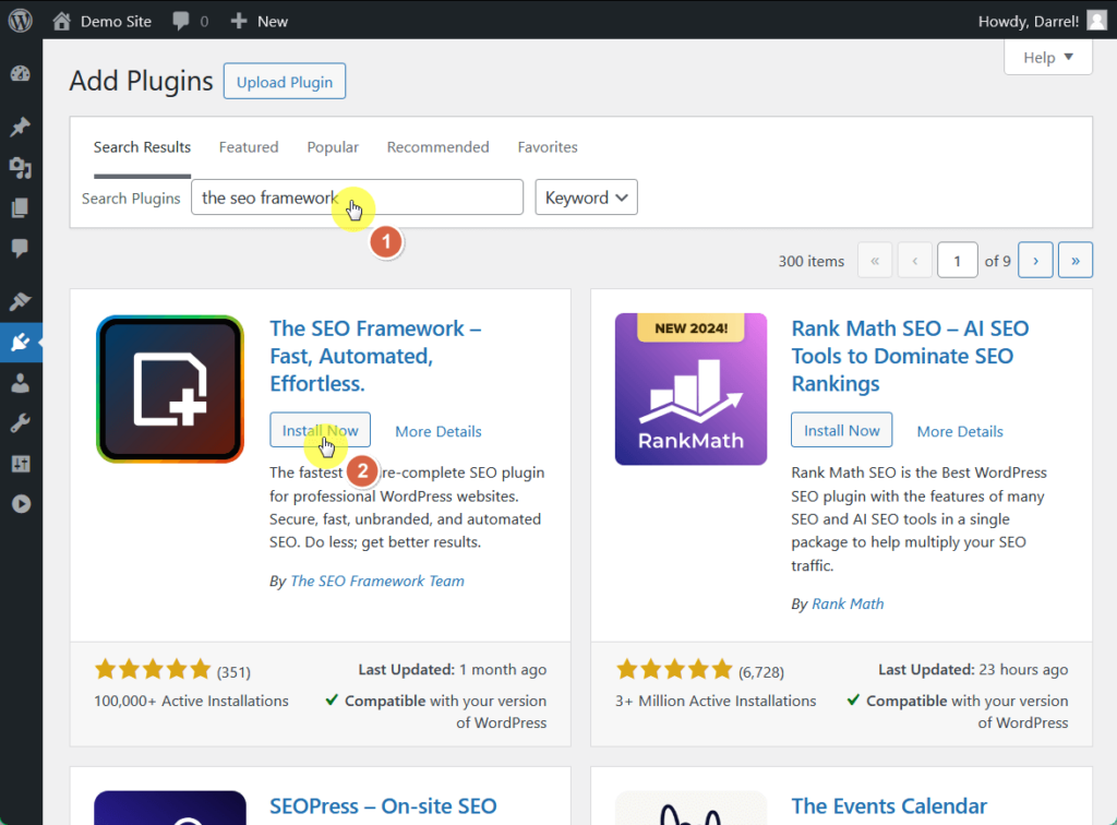 install and activate free SEO framework plugin