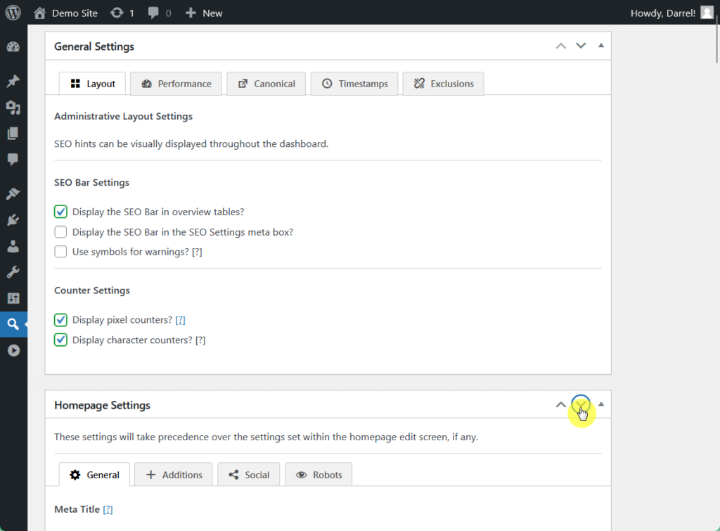 order settings in the seo framework