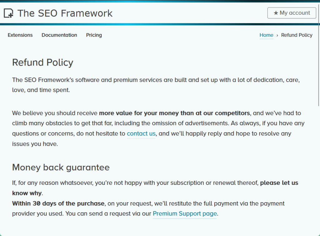refund policy of the seo framework