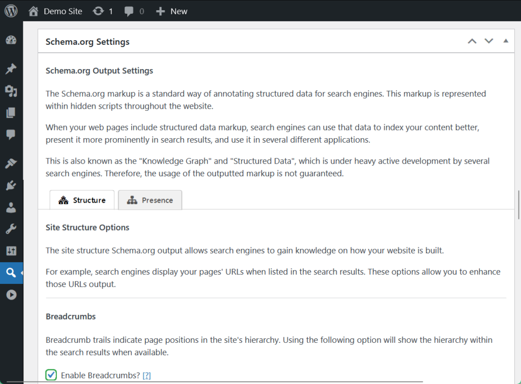 schema-org settings in the seo framework