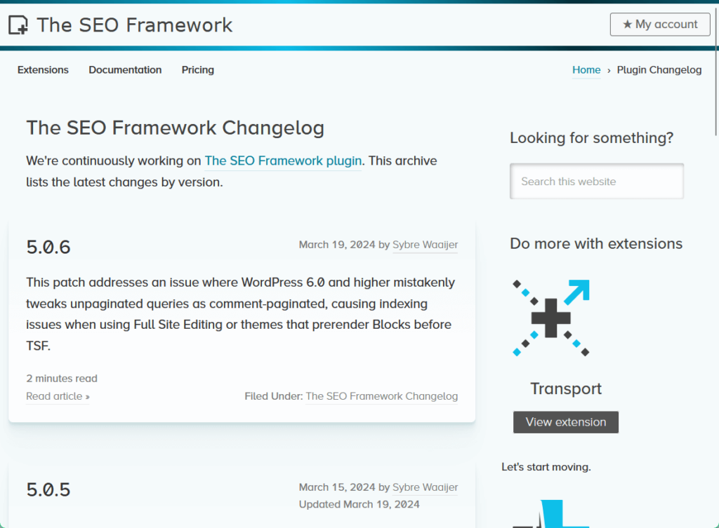 seo changelog of the seo framework