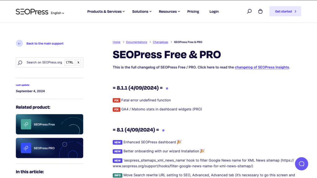 seopress changelog free and pro versions