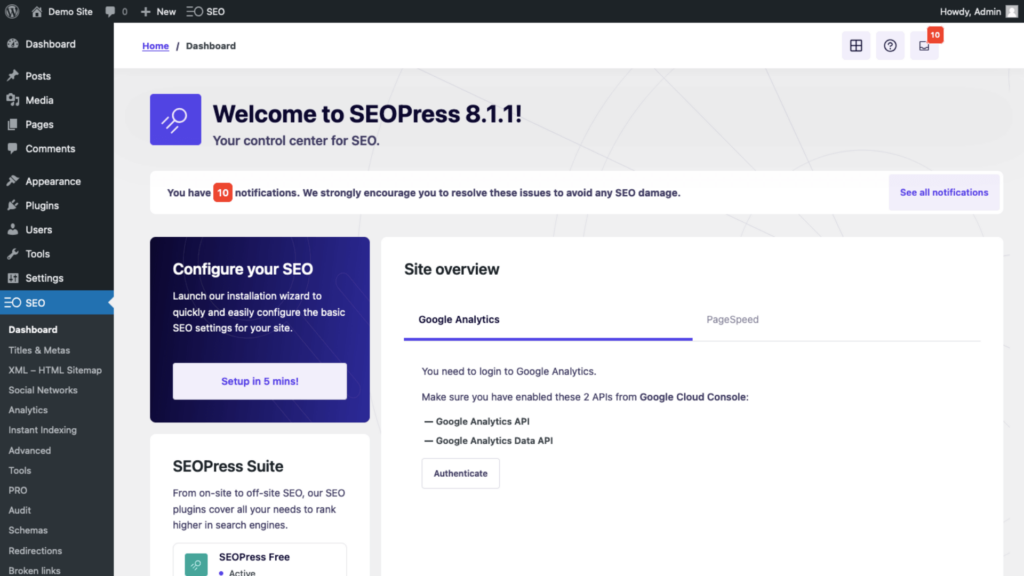 seopress dashboard