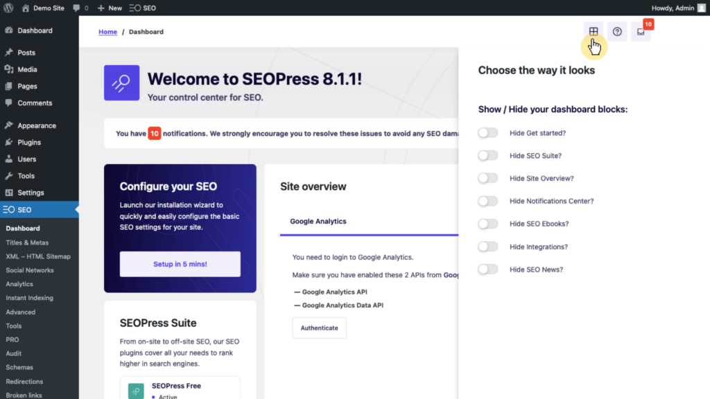 seopress show or hide dashboard blocks