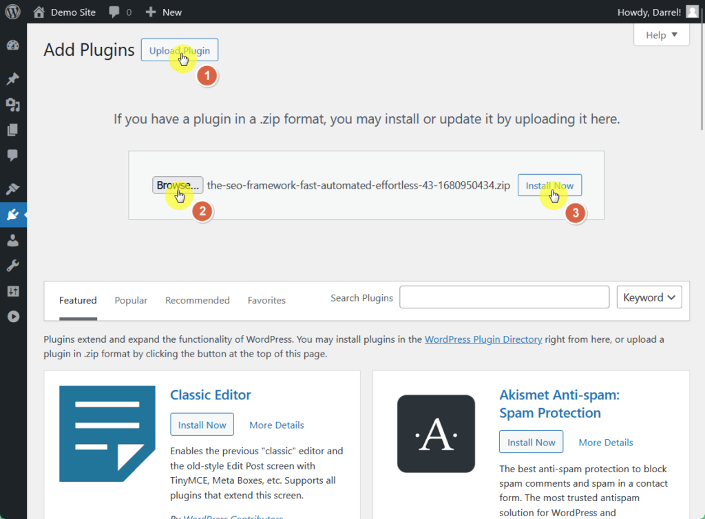 upload and activate the seo framework