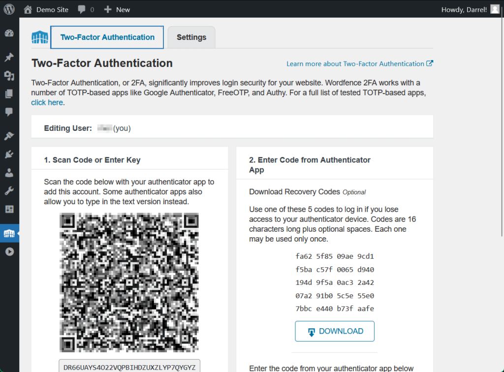 wordfence 2fa feature