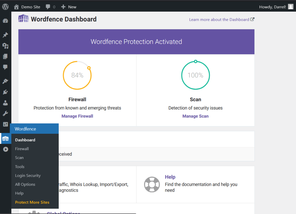 wordfence dashboard in wordpress