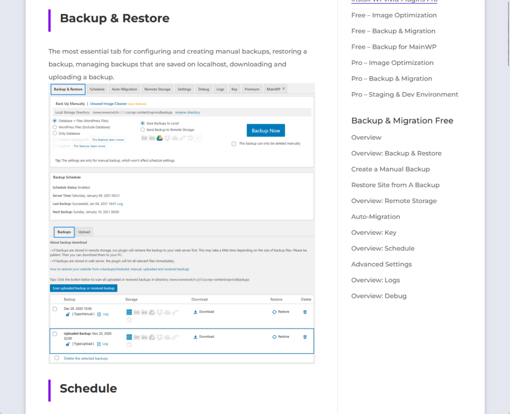 backup documentation in wpvivid