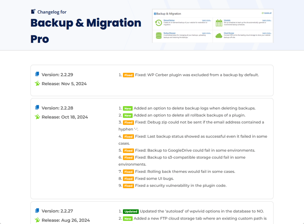 changelog for wpvivid pro