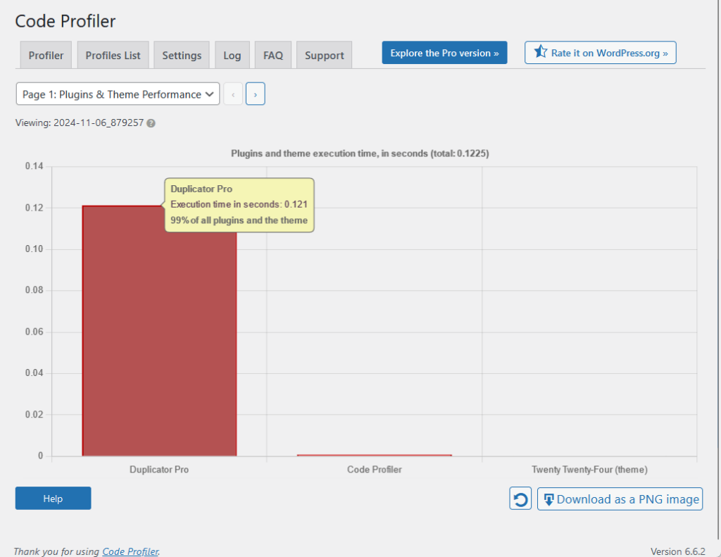 code profiler backend results for duplicator pro