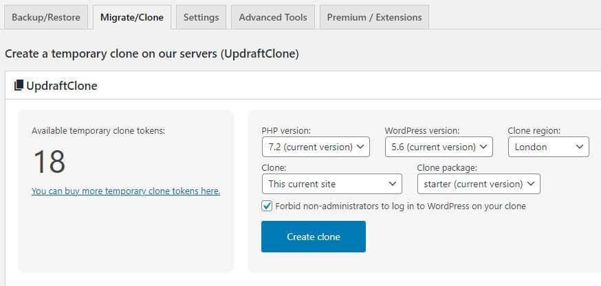 create a temporary clone with updraftplus